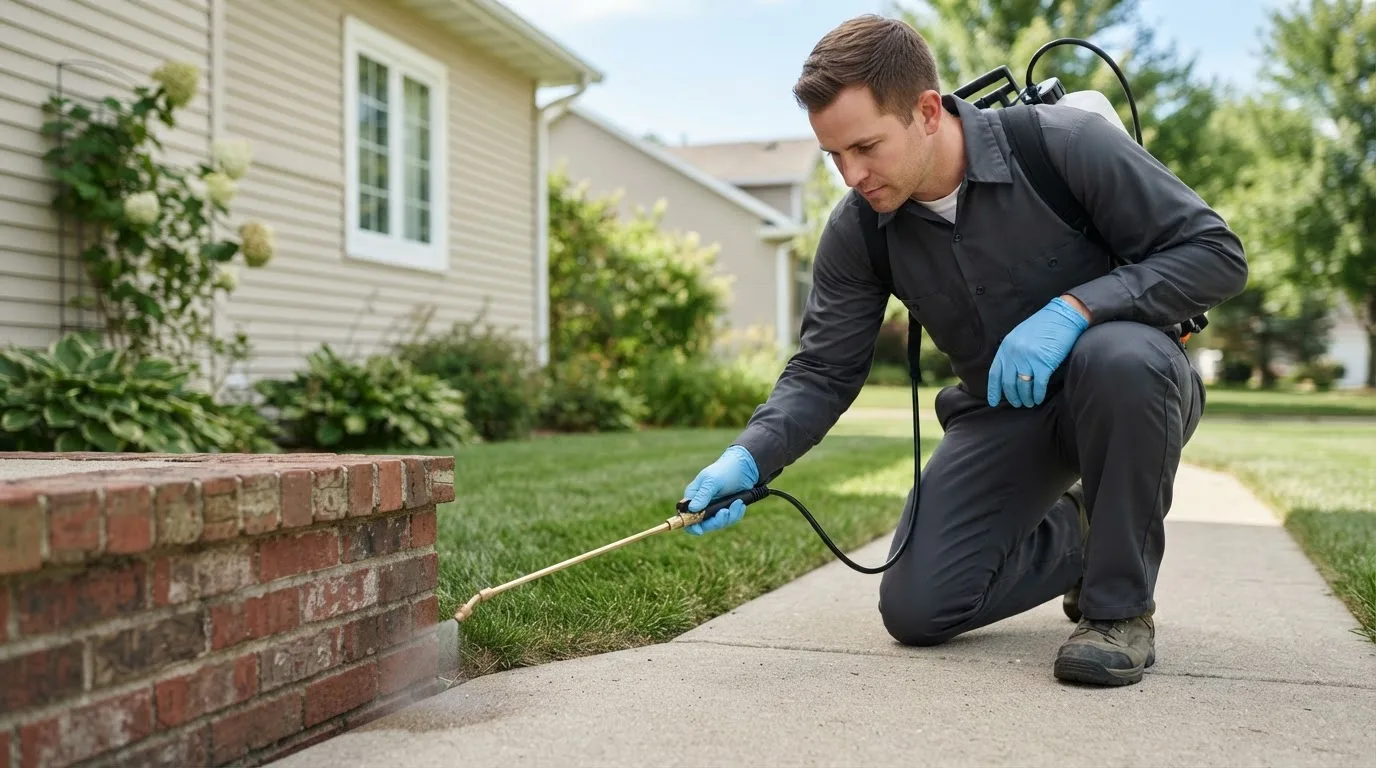 Pest control technician treating a home near Burton, OH