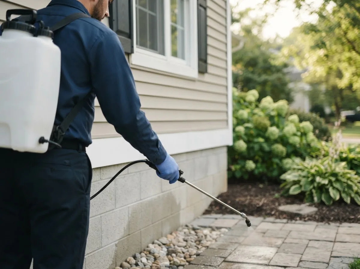 Pest control technician inspecting a home in Burton, OH